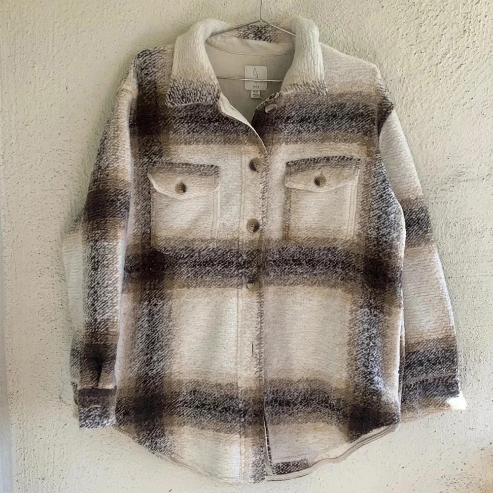 JOIE PLAID SHACKET CREAM/BROWN BUTTON DOWN SIZE MEDIUM